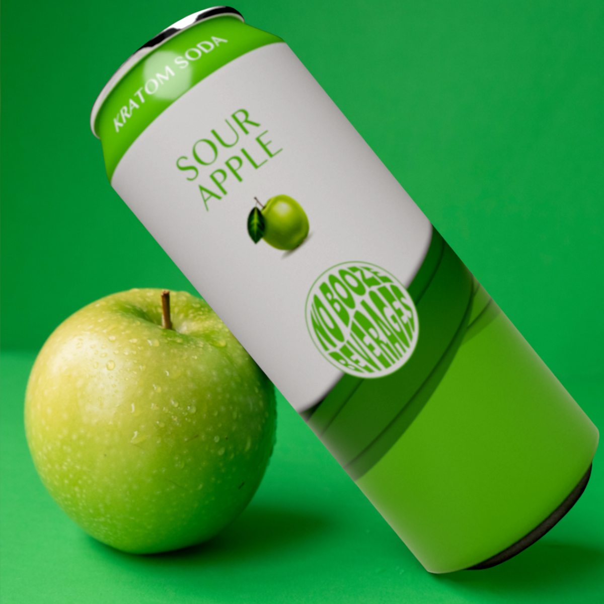 Sour Apple Kratom soda leaning against a green apple